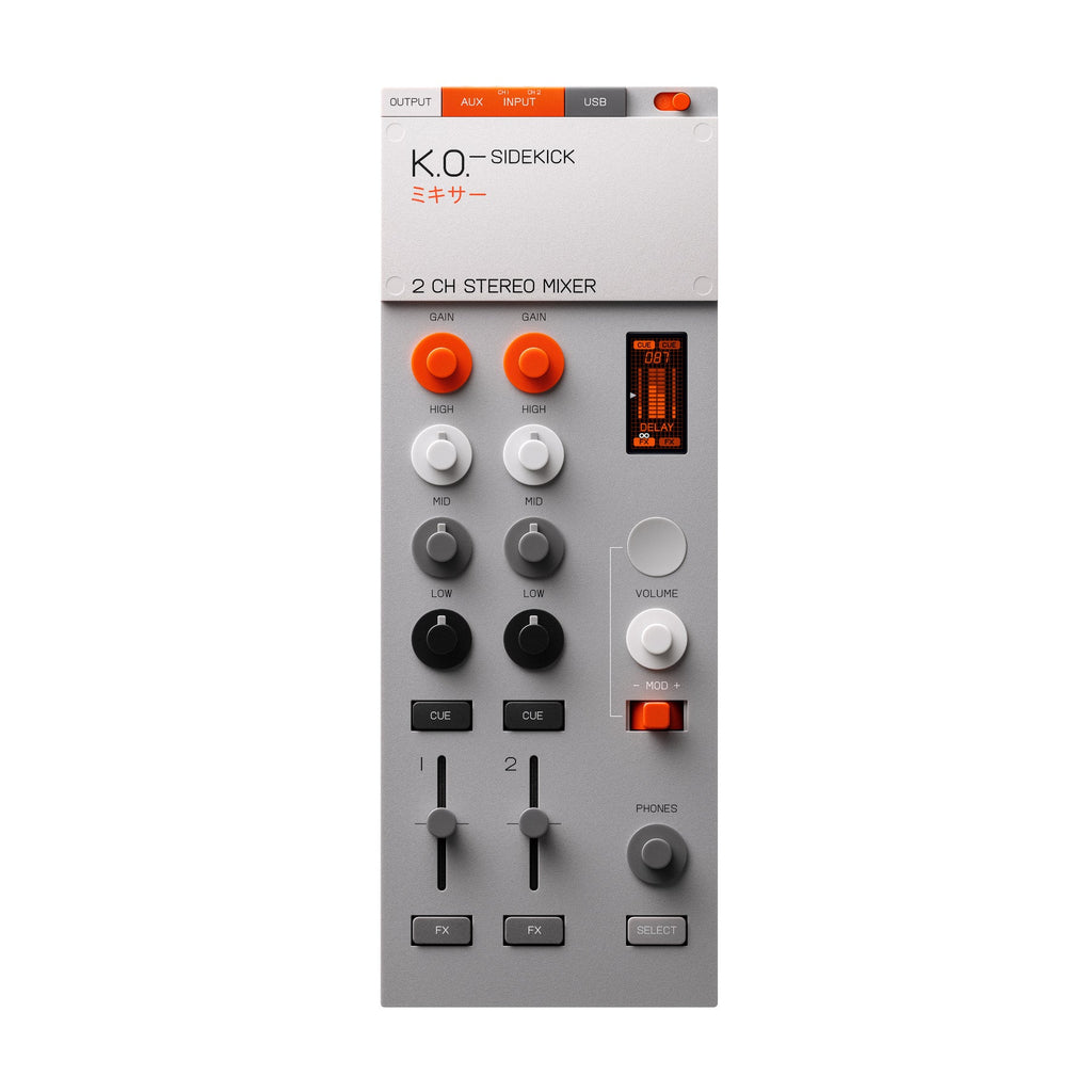 Top view of a gray stereo mixer with orange, black, and white knobs, sliders, and buttons on a white background.