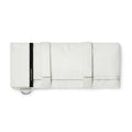 White fabric carrying case with two straps, black tag, and metal D-ring.