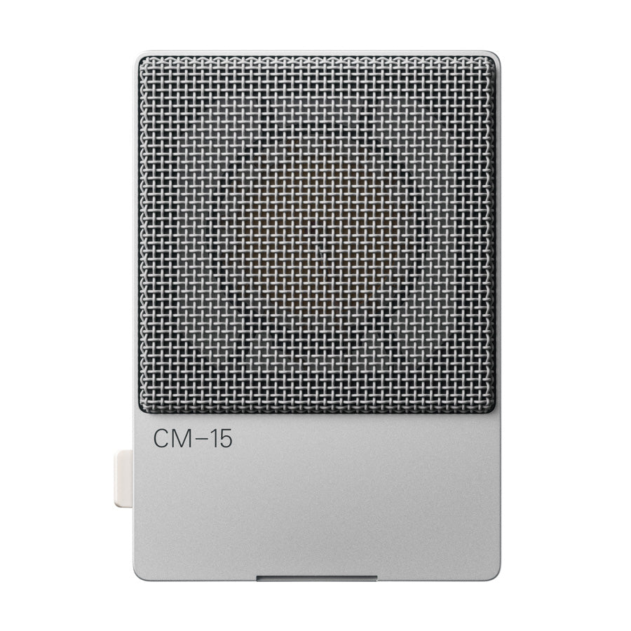Gray and black rectangular microphone with metal mesh grille and side switch labeled CM-15.