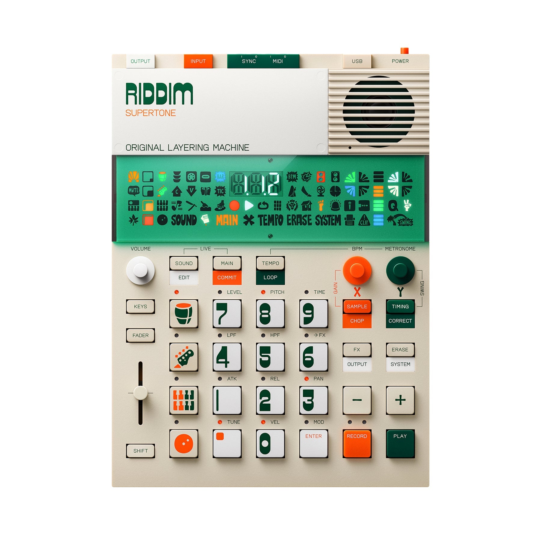 Top-down view of a cream-colored electronic music layering machine with green and orange buttons and a speaker on the top right.