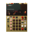 Top-down view of a compact electronic sampler with medieval-themed buttons, knobs, slider, and a digital display.