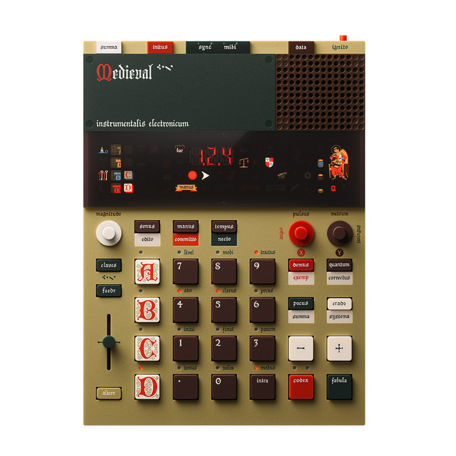 Top-down view of a compact electronic sampler with medieval-themed buttons, knobs, slider, and a digital display.
