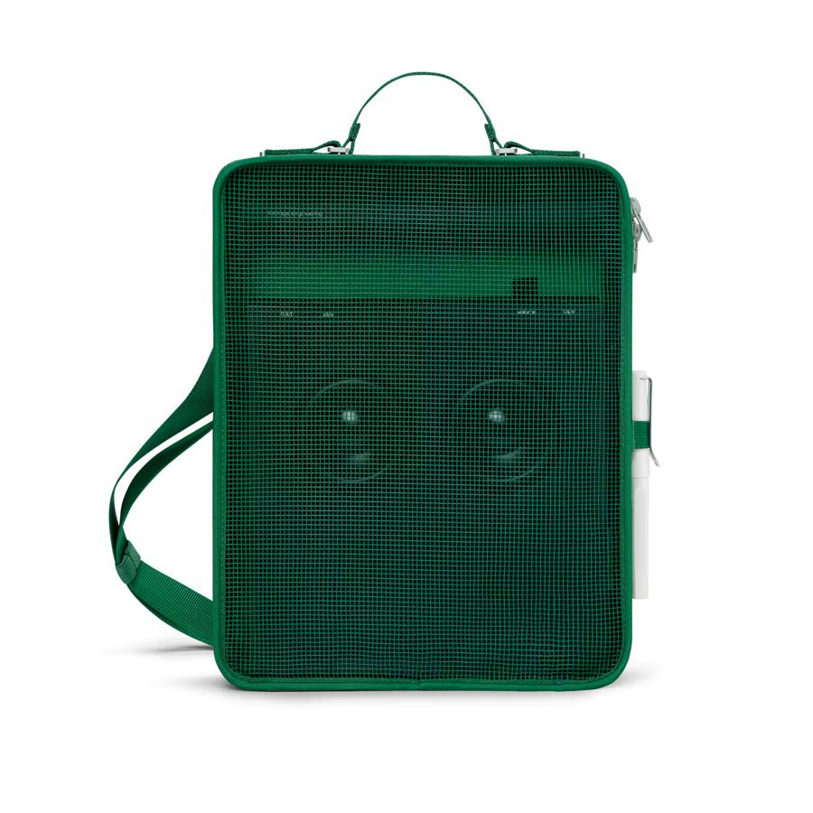 Green rectangular mesh bag with handle, shoulder strap, and a pen attached on the side.