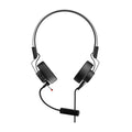 Black over-ear wired headphones with an attached boom microphone featuring a foam windscreen.