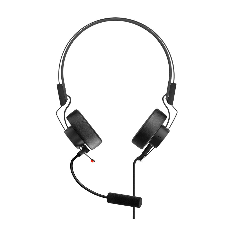 Black over-ear wired headphones with an attached boom microphone featuring a foam windscreen.