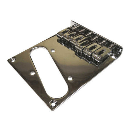 Chrome metal guitar bridge plate with six saddles and pickup mounting space.