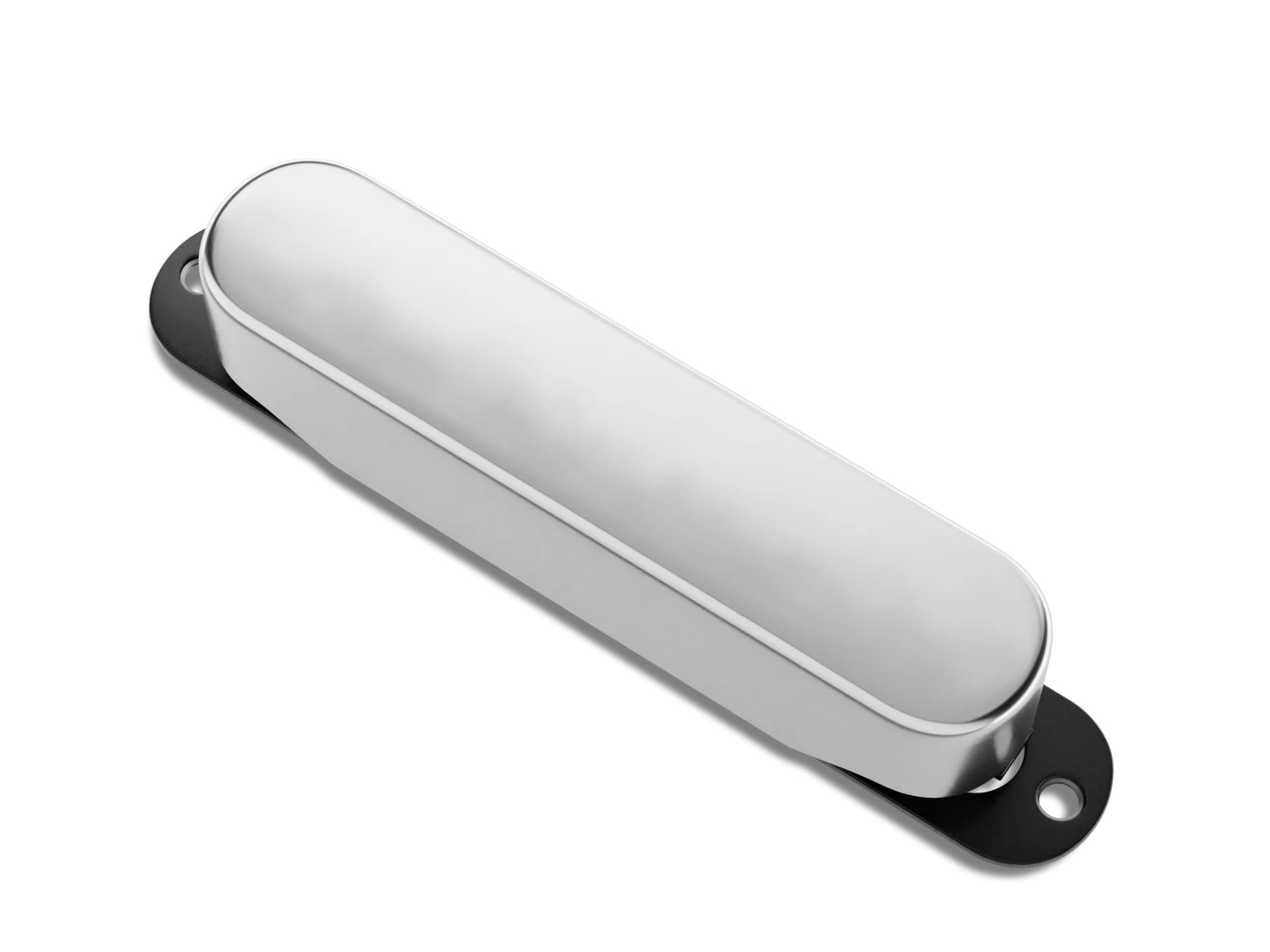 Silver single coil guitar pickup with black base plate on white background