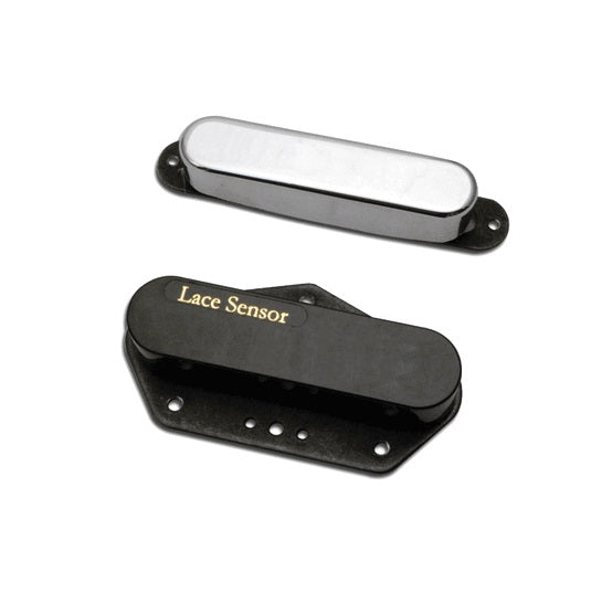 Two electric guitar pickups, one black with text and one silver, shown on a white background.