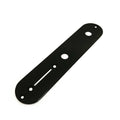 Black elongated metal control plate with multiple holes for mounting and controls.