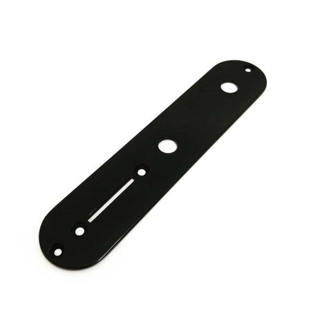 Black elongated metal control plate with multiple holes for mounting and controls.