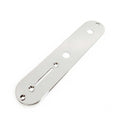 Rectangular chrome metal control plate with screw holes and a slot, shown from an angled top view.