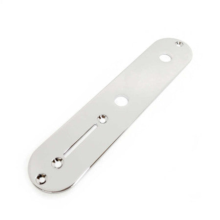 Rectangular chrome metal control plate with screw holes and a slot, shown from an angled top view.
