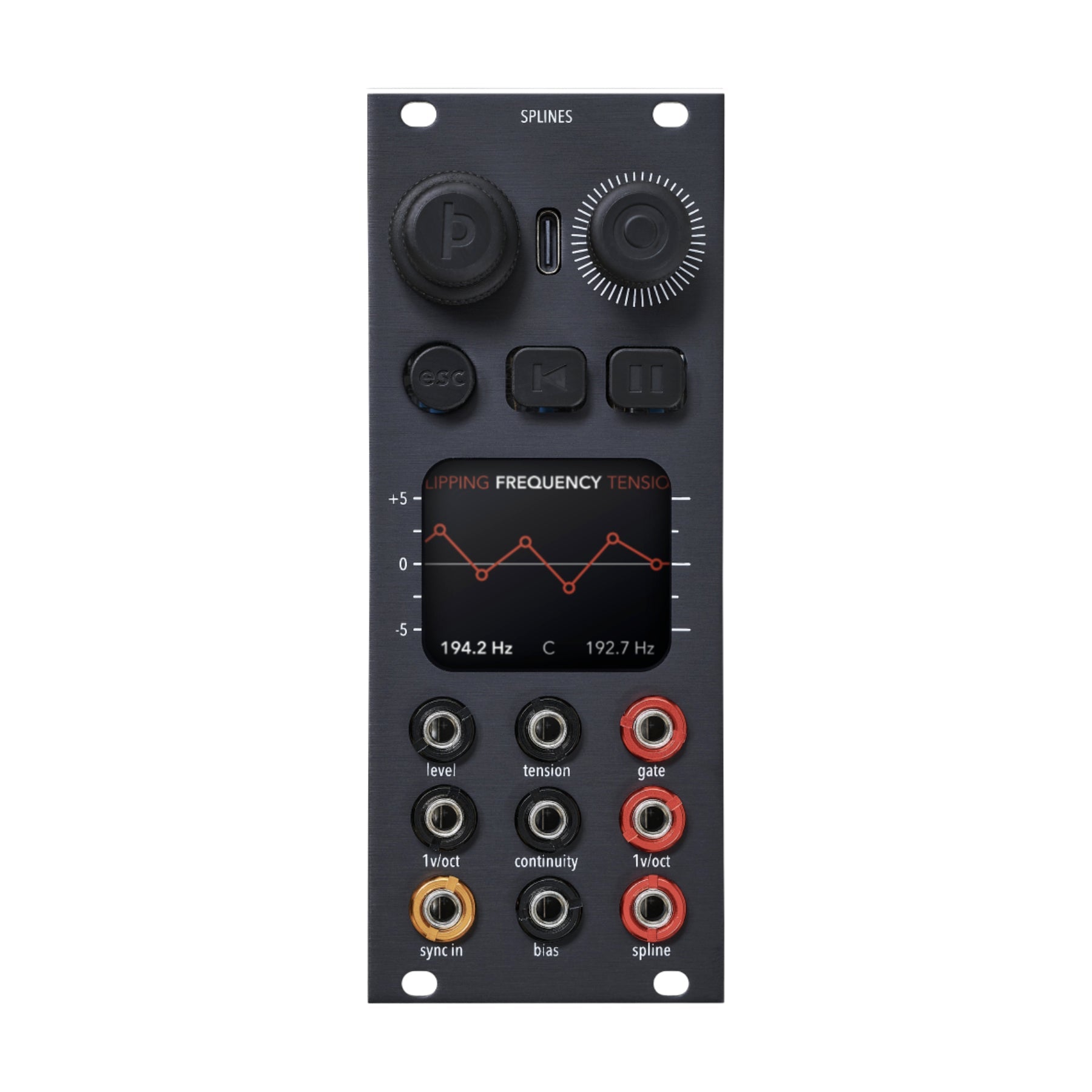 Black eurorack module with display, knobs, buttons, USB-C port, and multiple labeled 3.5mm jacks