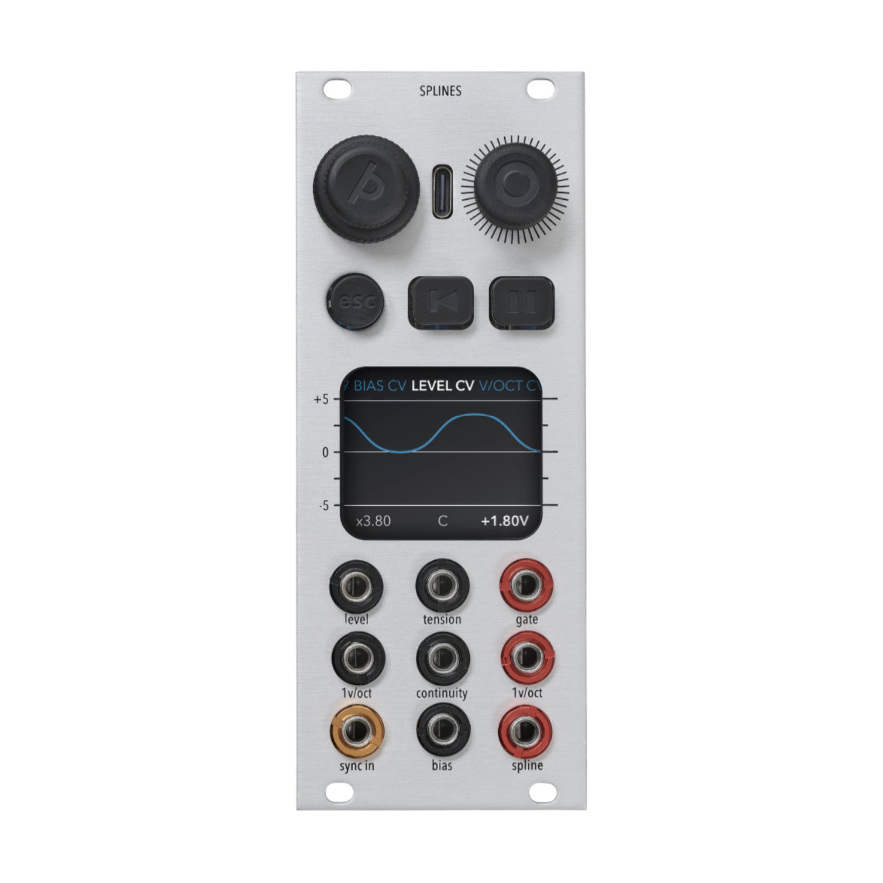 Silver eurorack module with screen, knobs, buttons, and labeled 3.5mm audio jacks.