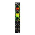 Black modular synth module with three knobs, four patch jacks, and colorful flask illustration.