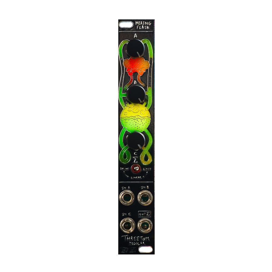 Black modular synth module with three knobs, four patch jacks, and colorful flask illustration.