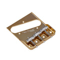 Gold metal guitar bridge plate with four silver saddle pieces and adjustment screws.