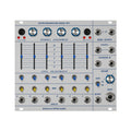 Silver Euro rack module with knobs, sliders, toggle switches, and multiple jack inputs and outputs labeled for mixer and preamplifier use.