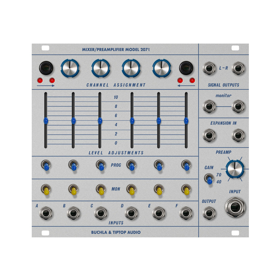 Silver Euro rack module with knobs, sliders, toggle switches, and multiple jack inputs and outputs labeled for mixer and preamplifier use.