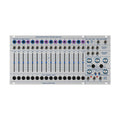 Front panel of an audio module with sliders, knobs, toggle switch, and many labeled 3.5mm jacks.