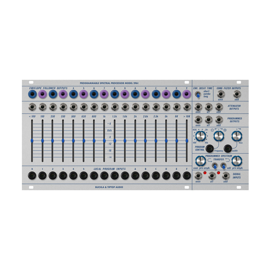 Front panel of an audio module with sliders, knobs, toggle switch, and many labeled 3.5mm jacks.