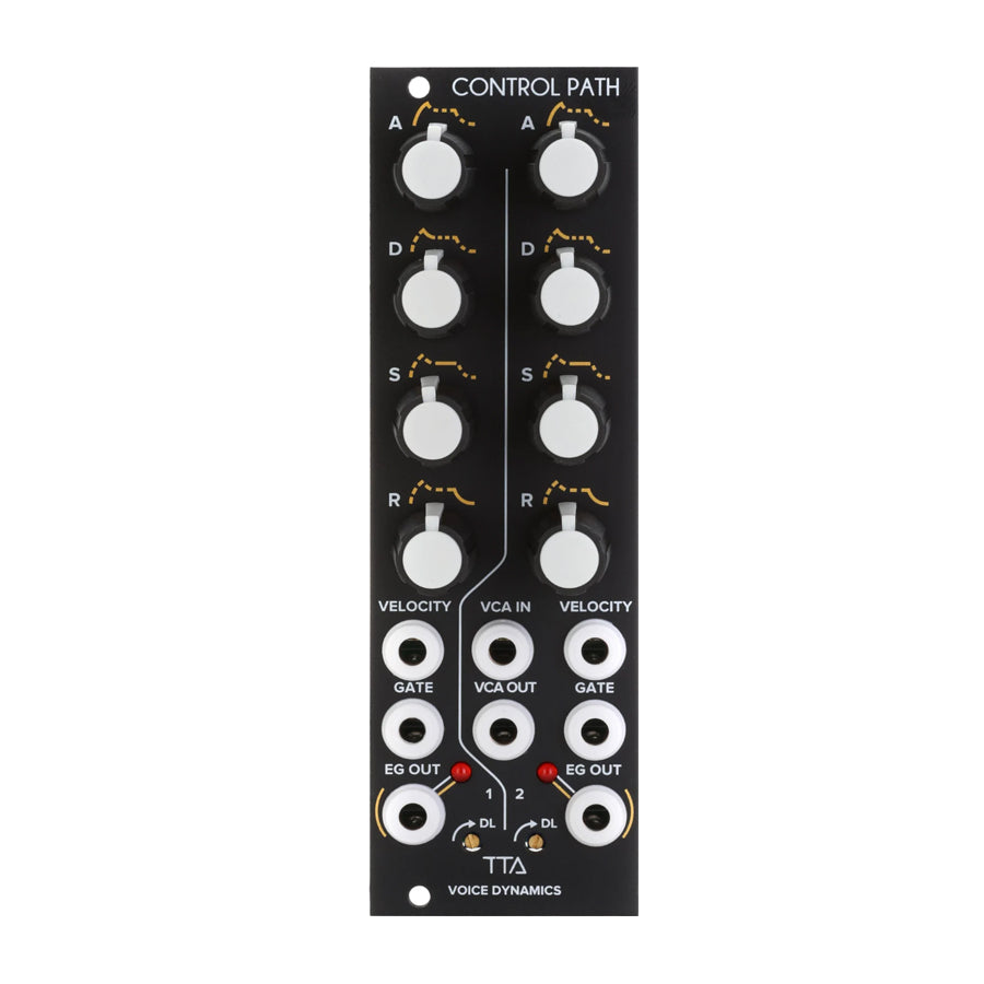 Black eurorack module with eight rotary knobs and twelve 3.5mm audio jacks labeled with control and signal names.