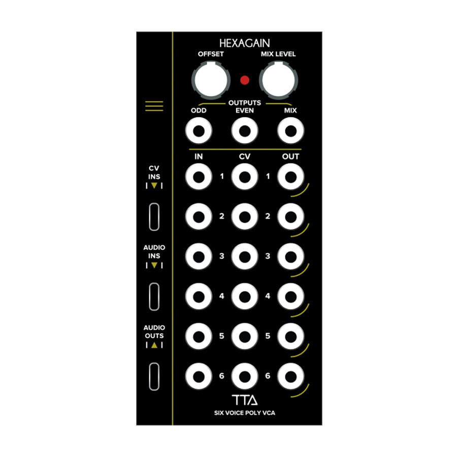 Front panel of a black eurorack module with knobs and multiple input/output jacks labeled for audio and CV connections.