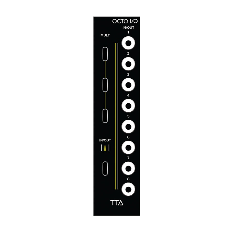 Black eurorack module with eight numbered jacks and three switches labeled OCTO I/O