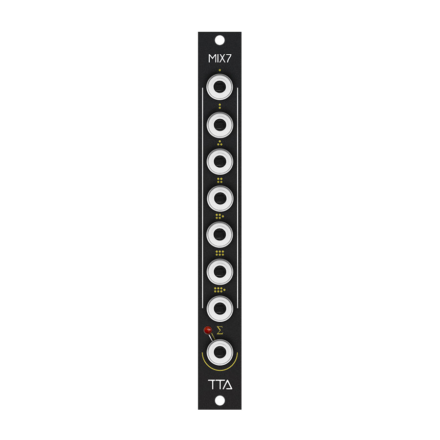 Black panel eurorack module with seven 6.35mm jack sockets and one toggle switch with red tip