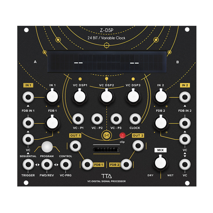Black Eurorack module with multiple knobs, switches, 3.5mm jacks, and an LED display labeled Z-DSP 24 Bit / Variable Clock.