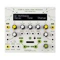 Front view of Tiptop Audio Z-DSP module with multiple knobs, patch points, and an LCD screen showing signal processor settings.
