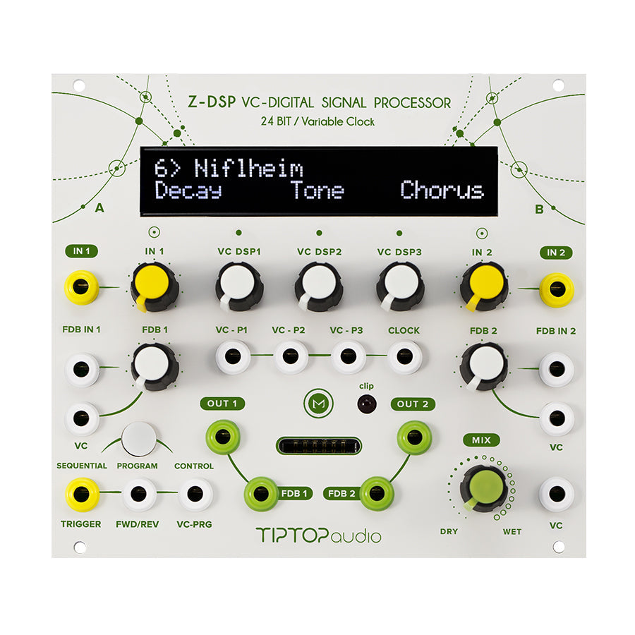 Front view of Tiptop Audio Z-DSP module with multiple knobs, patch points, and an LCD screen showing signal processor settings.