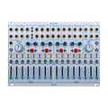 White electronic sequencer module with multiple knobs, sliders, buttons, and 1/8 inch audio jacks labeled for voltage and gate outputs.