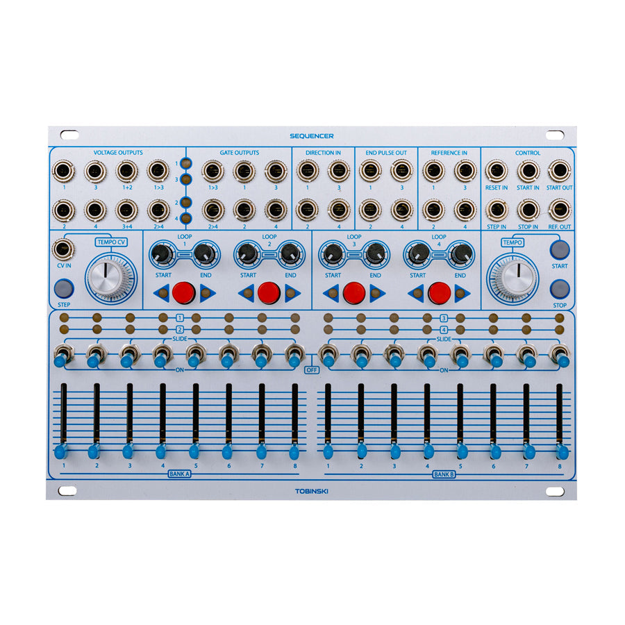 White electronic sequencer module with multiple knobs, sliders, buttons, and 1/8 inch audio jacks labeled for voltage and gate outputs.