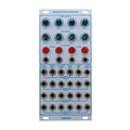White module panel with blue text, four knobs, four red buttons, and multiple jack sockets labeled for sequencing control.