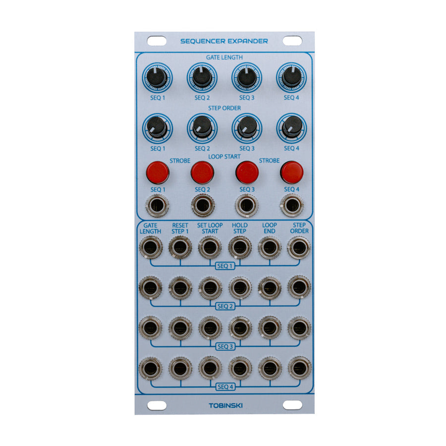 White module panel with blue text, four knobs, four red buttons, and multiple jack sockets labeled for sequencing control.