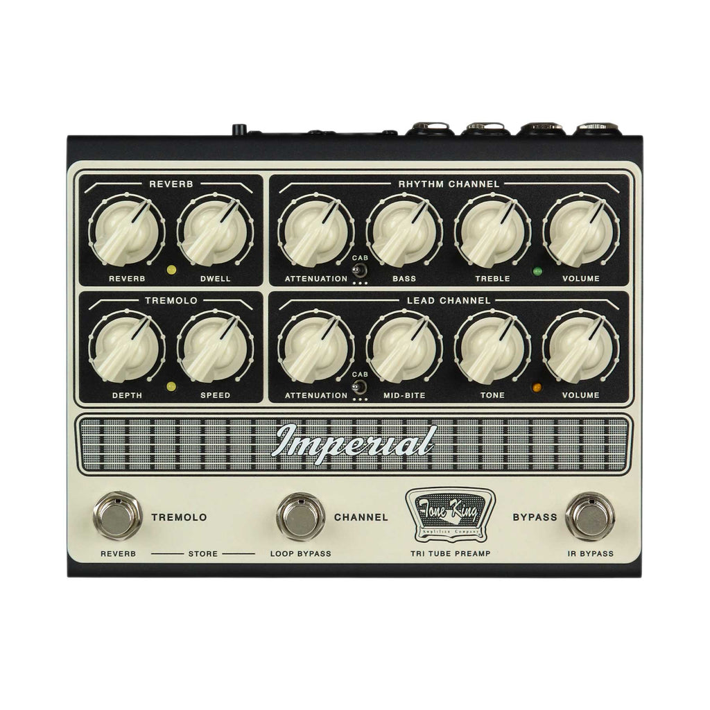 Front view of a Tone King Imperial Tri-Tube preamp pedal with knobs, switches, and footswitches.