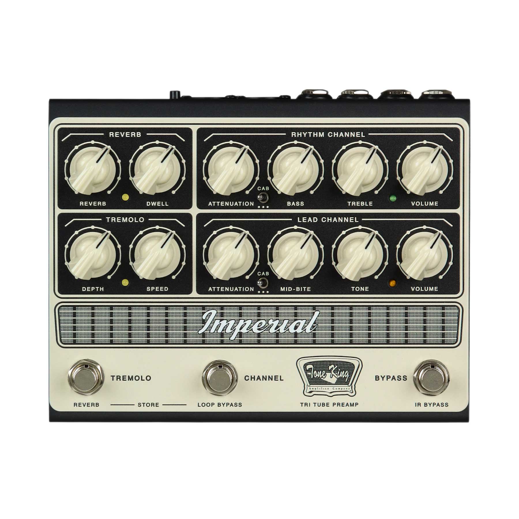 Front view of a Tone King Imperial Tri-Tube preamp pedal with knobs, switches, and footswitches.