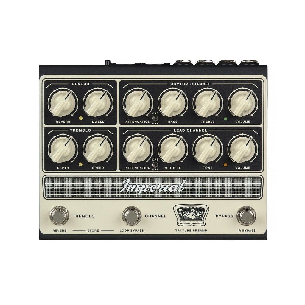 Front view of a Tone King Imperial guitar preamp pedal with knobs and footswitches labeled for reverb, tremolo, rhythm and lead channels.