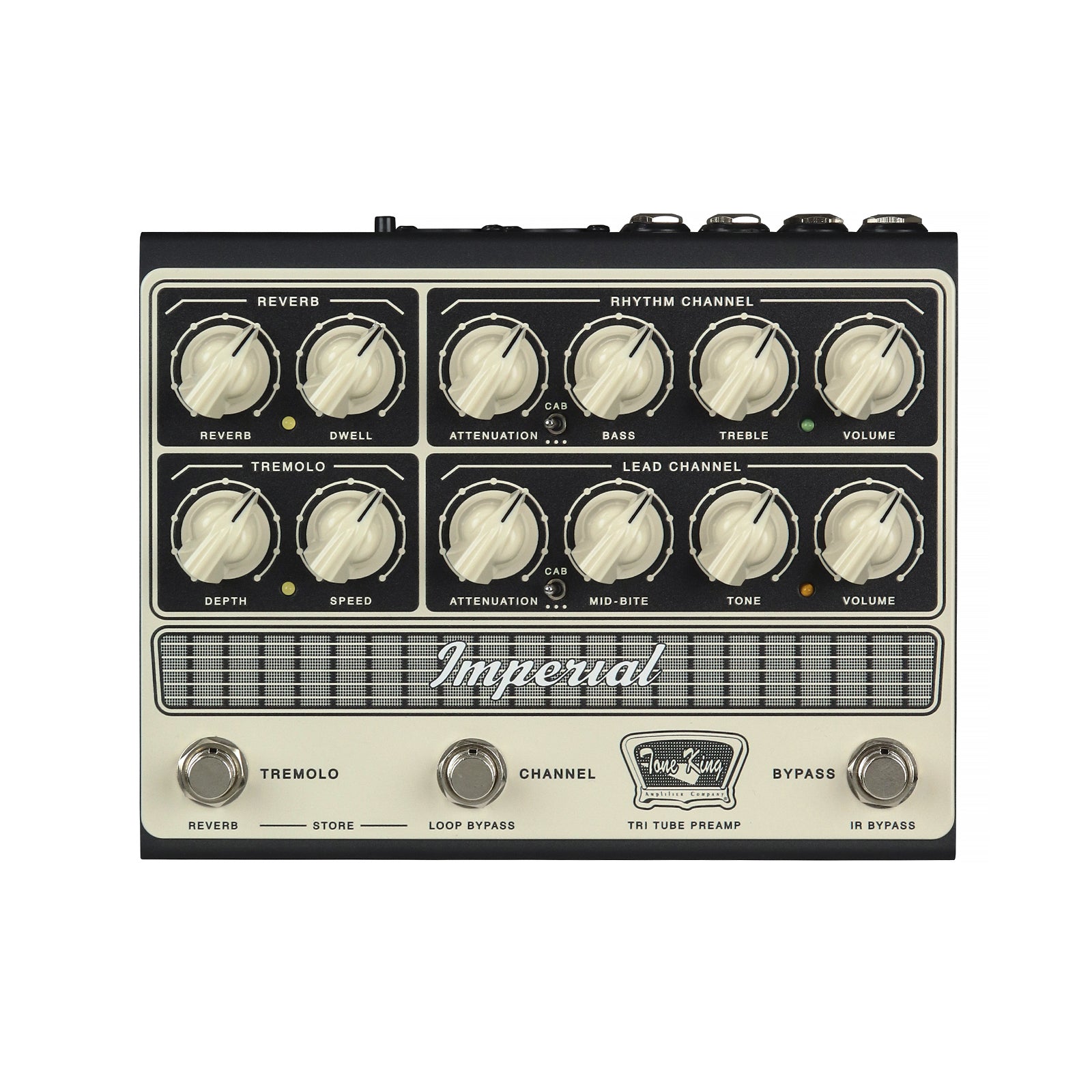 Front view of a Tone King Imperial guitar preamp pedal with knobs and footswitches labeled for reverb, tremolo, rhythm and lead channels.