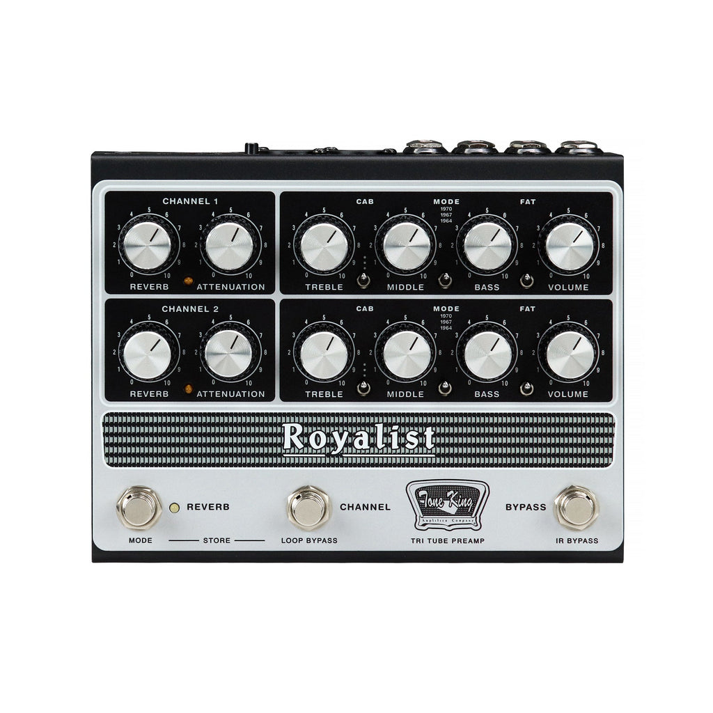 Rectangular black and silver preamp pedal with multiple control knobs and three footswitches on front panel.