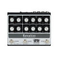 Rectangular black and silver preamp pedal with multiple control knobs and three footswitches on front panel.