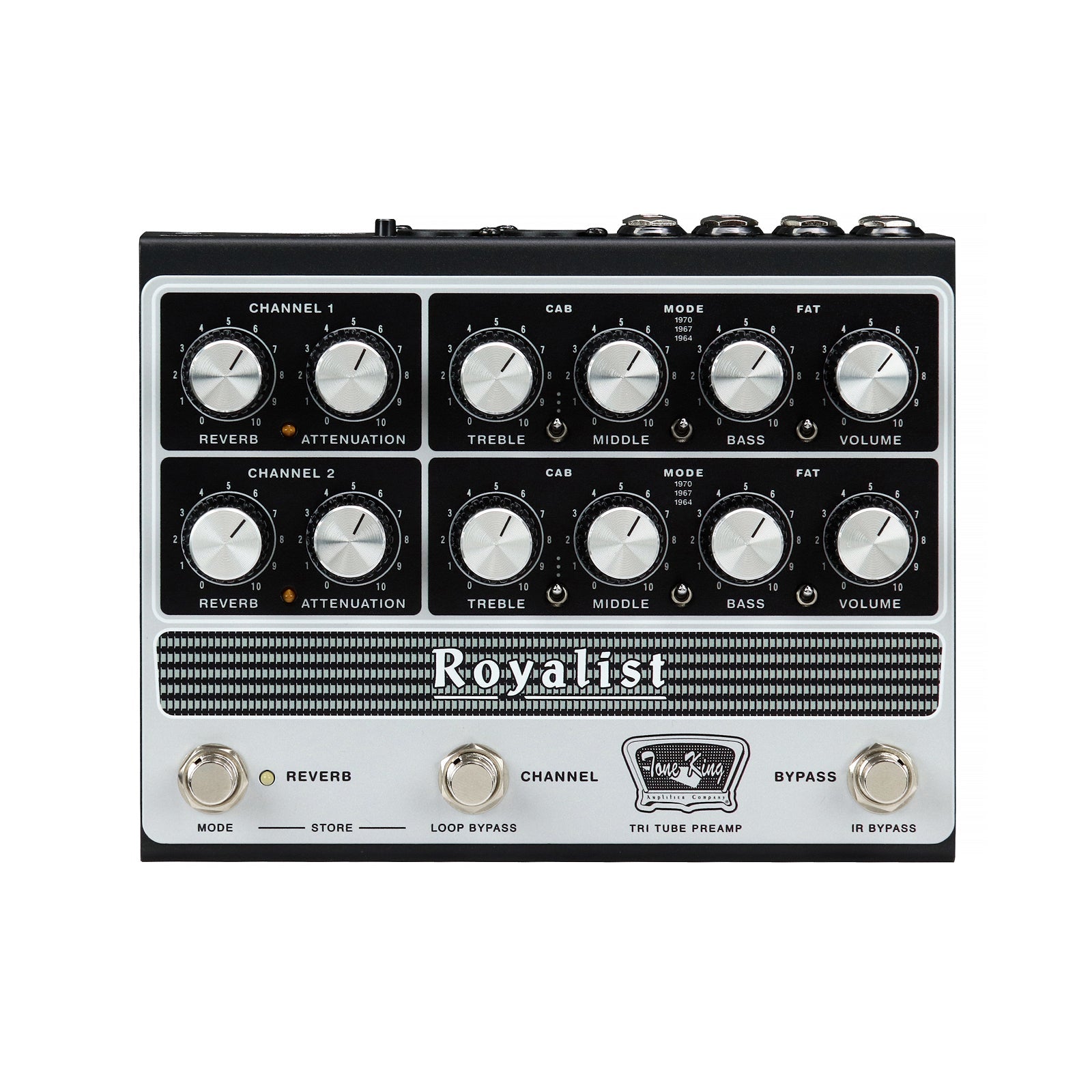 Rectangular black and silver preamp pedal with multiple control knobs and three footswitches on front panel.