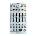 Silver audio mixer module with multiple sliders, knobs, toggles, and audio jack inputs and outputs