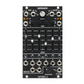 Black modular synthesizer mixer panel with sliders, knobs, switches, and multiple input/output jacks.