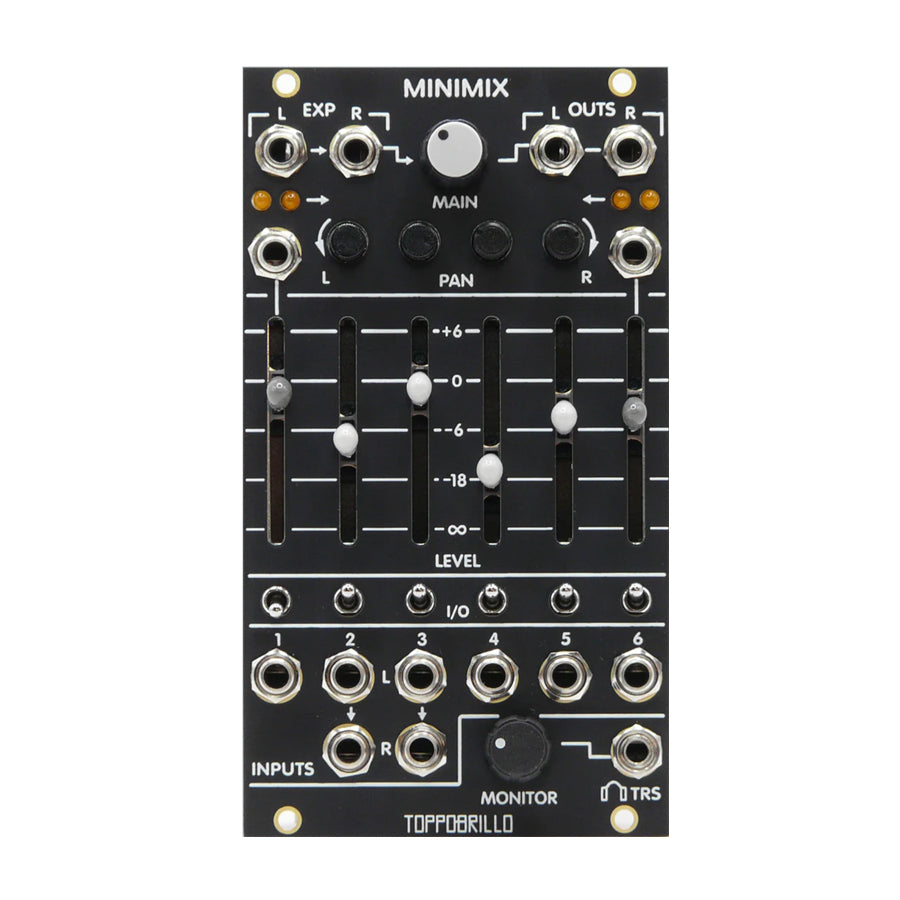 Black modular synthesizer mixer panel with sliders, knobs, switches, and multiple input/output jacks.