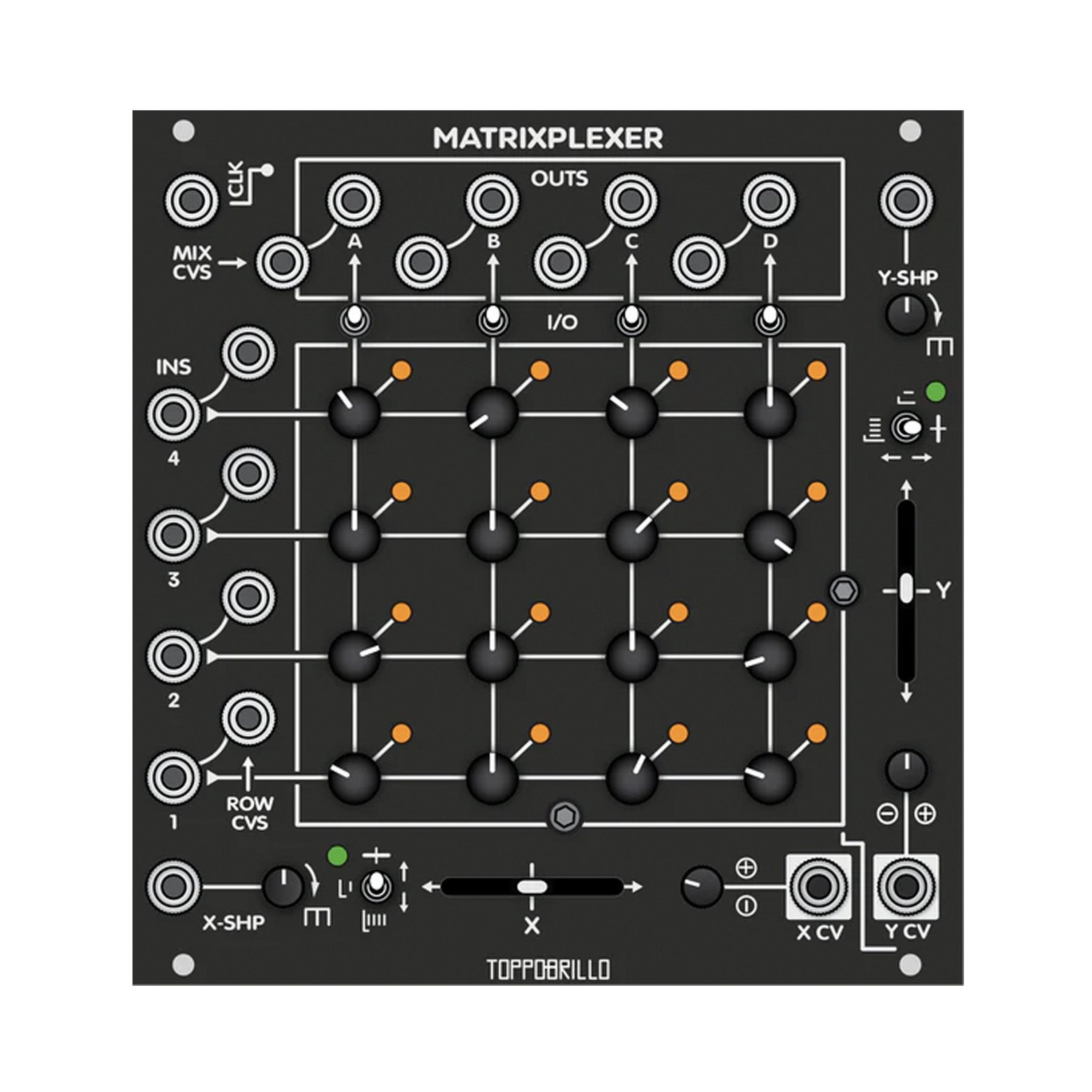 Black modular synthesizer panel with knobs, sliders, jack sockets, and labeled controls for matrix multiplexing.