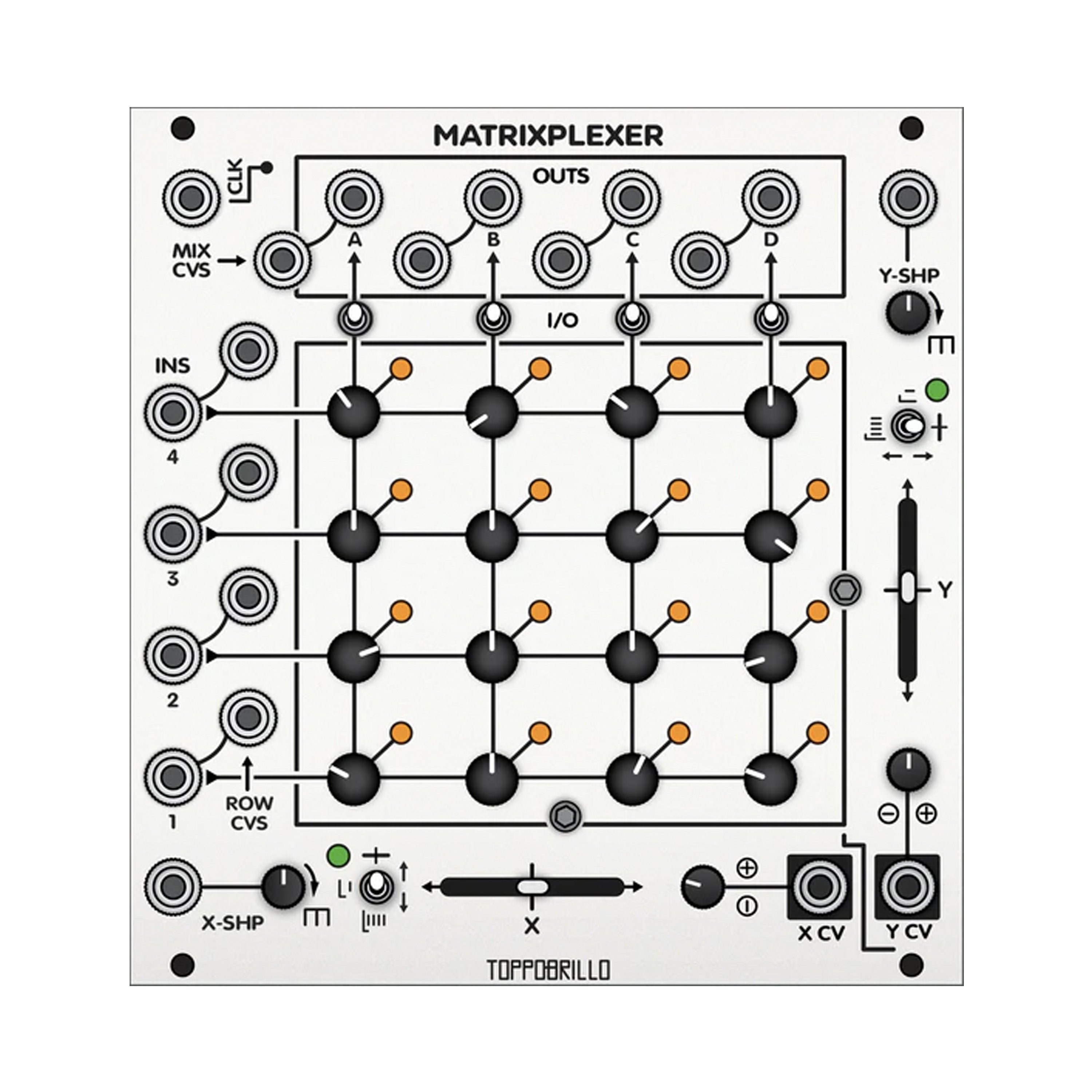 Eurorack module with a matrix grid of knobs, multiple jack ports, sliders, and control knobs on a silver panel.