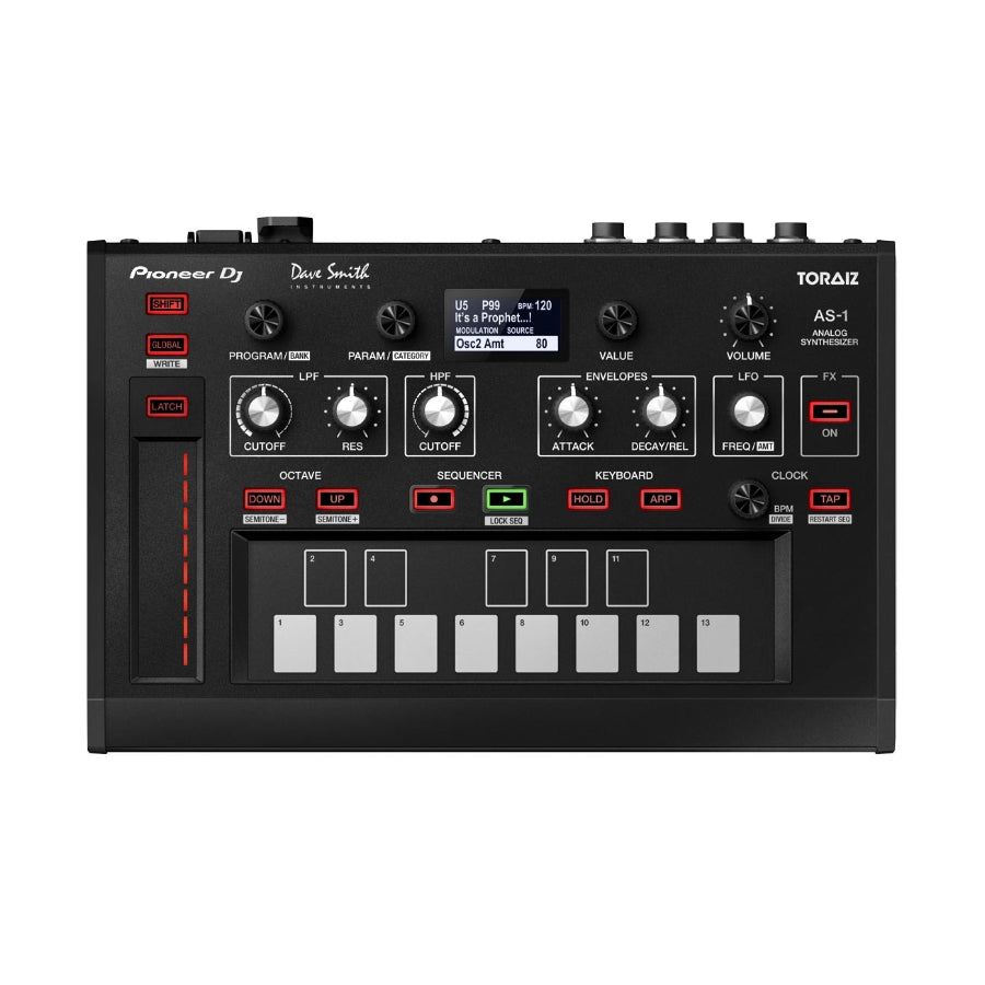 Top view of a black Pioneer DJ Toraiz AS-1 analog synthesizer with knobs, buttons, and a small display screen.