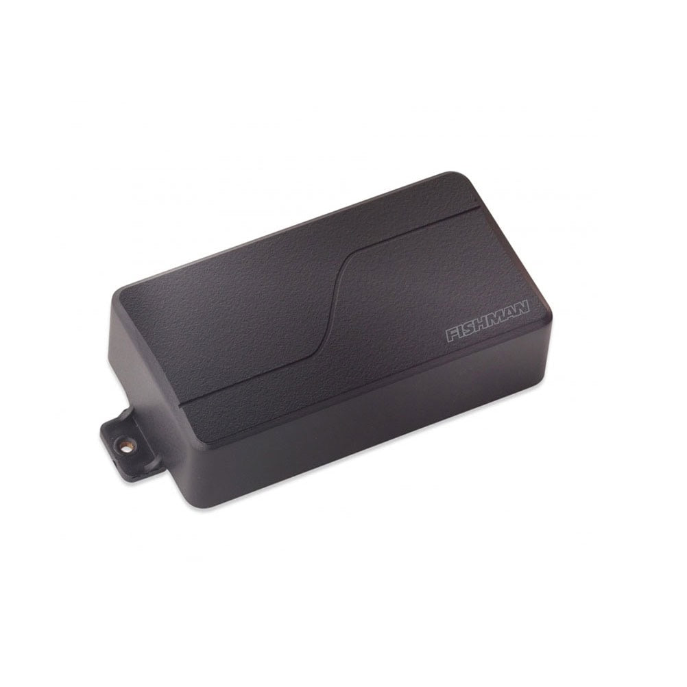 Black rectangular guitar pickup with textured surface and Fishman branding on top.